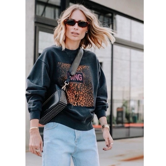 ANINE BING Ramona Leopard Graphic Distressed Sweatshirt Black Pink RARE - Picture 9 of 12